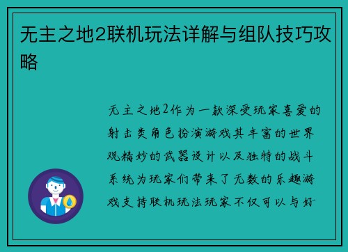 无主之地2联机玩法详解与组队技巧攻略